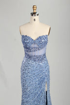 Timeless Light Blue Strapless Sequin Slit Evening Gown KS059