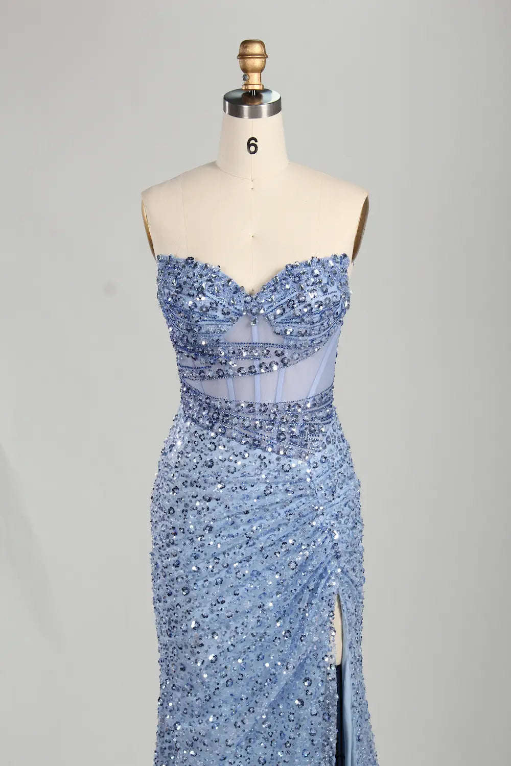 Timeless Light Blue Strapless Sequin Slit Evening Gown KS059