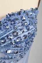 Timeless Light Blue Strapless Sequin Slit Evening Gown KS059
