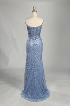Timeless Light Blue Strapless Sequin Slit Evening Gown KS059