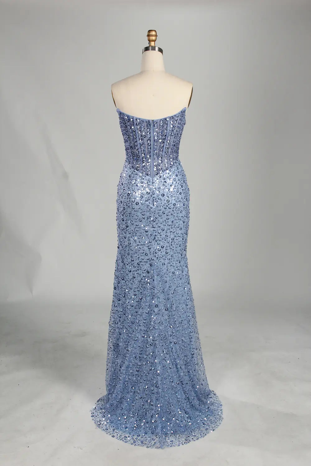 Timeless Light Blue Strapless Sequin Slit Evening Gown KS059