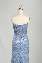 Timeless Light Blue Strapless Sequin Slit Evening Gown KS059