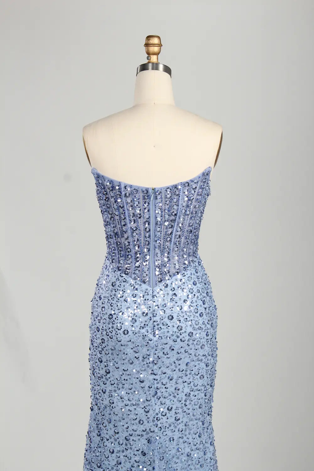 Timeless Light Blue Strapless Sequin Slit Evening Gown KS059