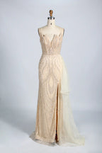 Beaded Mermaid Evening Dress with High Slit and Draped Side Panel KY035
