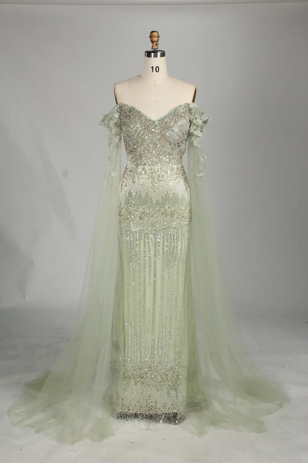 Sage Green Off-the-Shoulder Beaded Floral Mother of the Groom Dress KS060