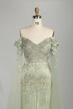 Sage Green Off-the-Shoulder Beaded Floral Mother of the Groom Dress KS060
