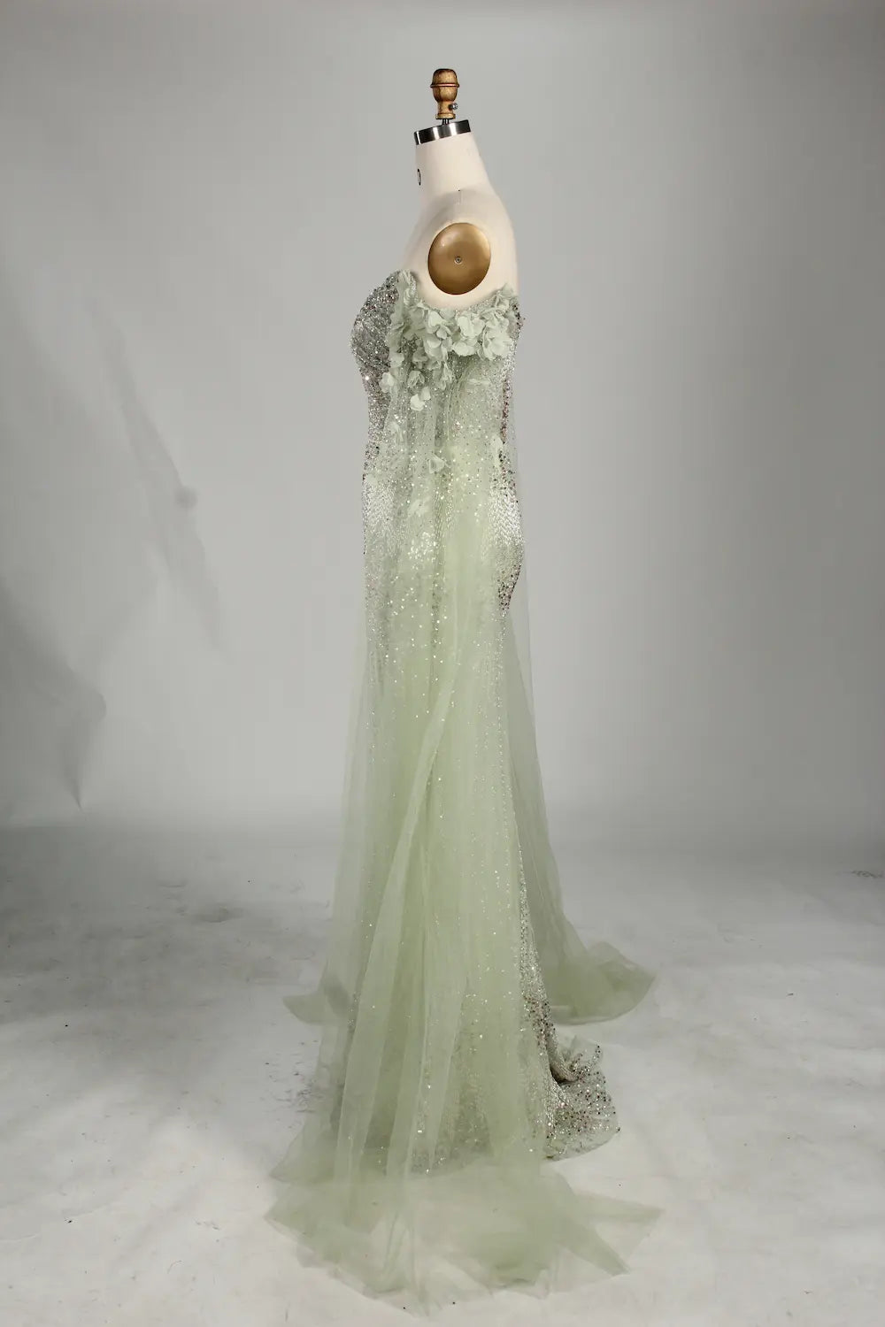 Sage Green Off-the-Shoulder Beaded Floral Mother of the Groom Dress KS060