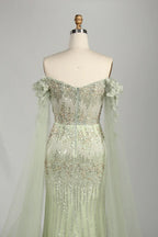 Sage Green Off-the-Shoulder Beaded Floral Mother of the Groom Dress KS060
