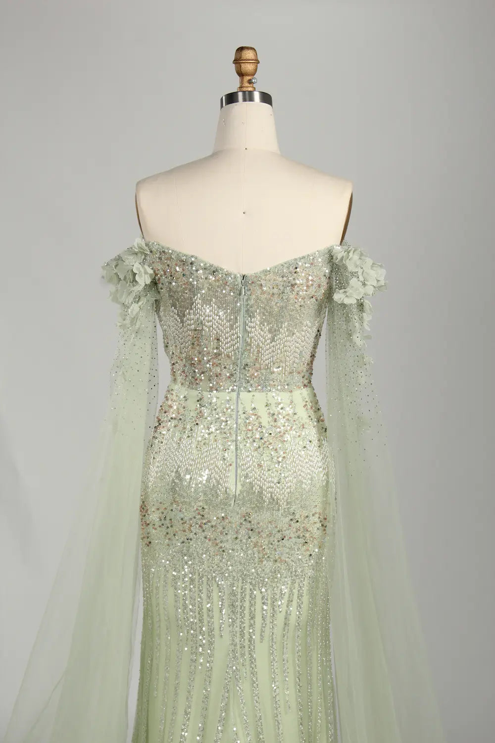 Sage Green Off-the-Shoulder Beaded Floral Mother of the Groom Dress KS060