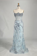 luxury Light Blue Strapless Beaded Corset Mermaid Evening Gown KS061