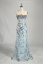 luxury Light Blue Strapless Beaded Corset Mermaid Evening Gown KS061