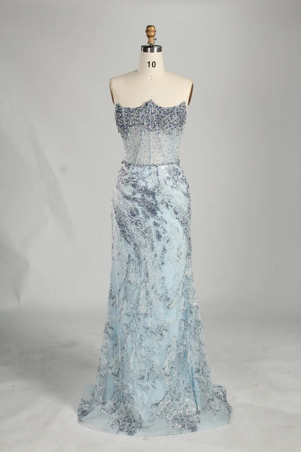 luxury Light Blue Strapless Beaded Corset Mermaid Evening Gown KS061