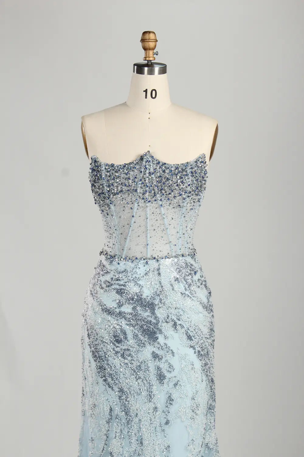 luxury Light Blue Strapless Beaded Corset Mermaid Evening Gown KS061
