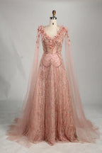 Blush Pink Floral Beaded A-Line Mother of the Bride Dress with Split Sleeves KS062