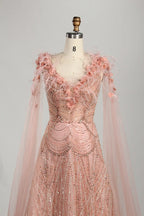 Blush Pink Floral Beaded A-Line Mother of the Bride Dress with Split Sleeves KS062