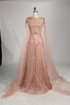 Blush Pink Floral Beaded A-Line Mother of the Bride Dress with Split Sleeves KS062