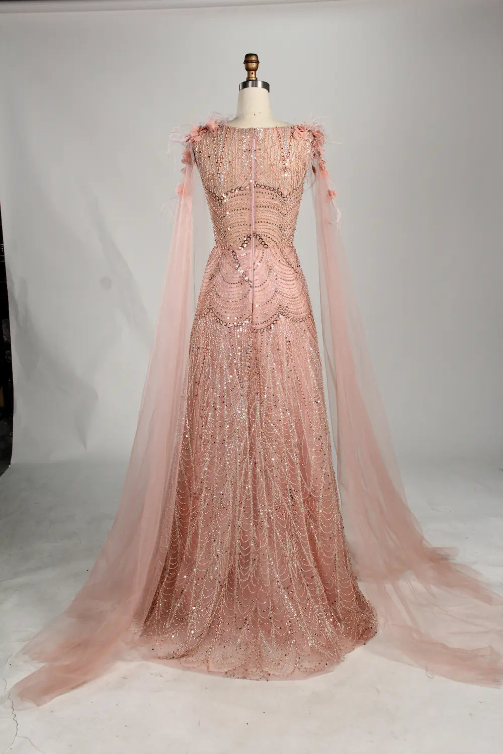 Blush Pink Floral Beaded A-Line Mother of the Bride Dress with Split Sleeves KS062