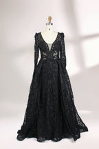 Displayed on a mannequin is a light - gray evening gown. It has a deep V - neckline, long sleeves, and intricate lace embroidery with a grid pattern. The elegant design gives off a luxurious and sophisticated vibe, ideal for formal occasions.6