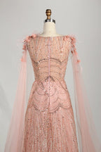 Blush Pink Floral Beaded A-Line Mother of the Bride Dress with Split Sleeves KS062