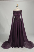 Plum Off-the-Shoulder Beaded Chiffon A-Line MOB Dress with Long Draped Sleeves KS067