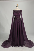 Plum Off-the-Shoulder Beaded Chiffon A-Line MOB Dress with Long Draped Sleeves KS067