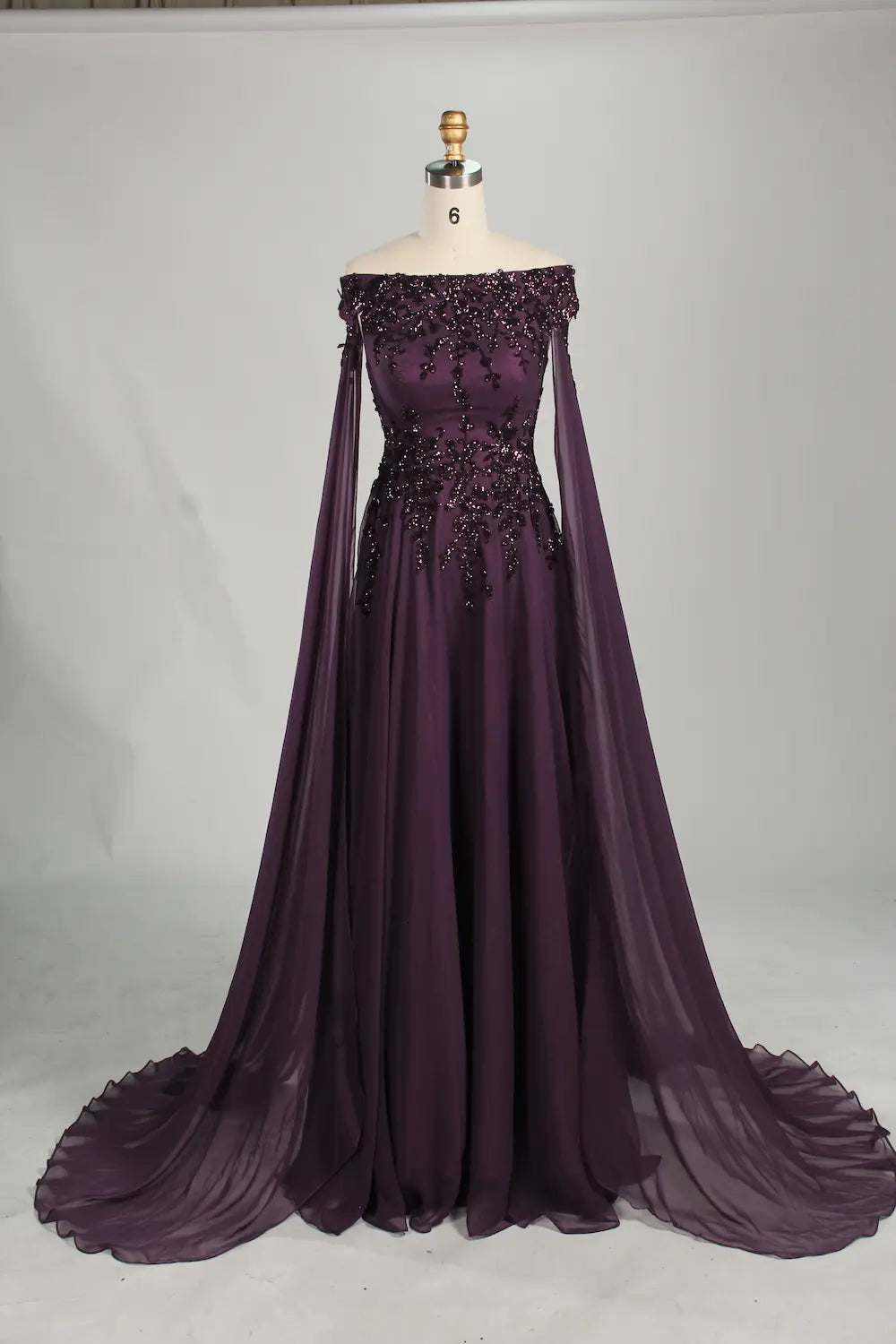 Plum Off-the-Shoulder Beaded Chiffon A-Line MOB Dress with Long Draped Sleeves KS067