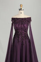 Plum Off-the-Shoulder Beaded Chiffon A-Line MOB Dress with Long Draped Sleeves KS067