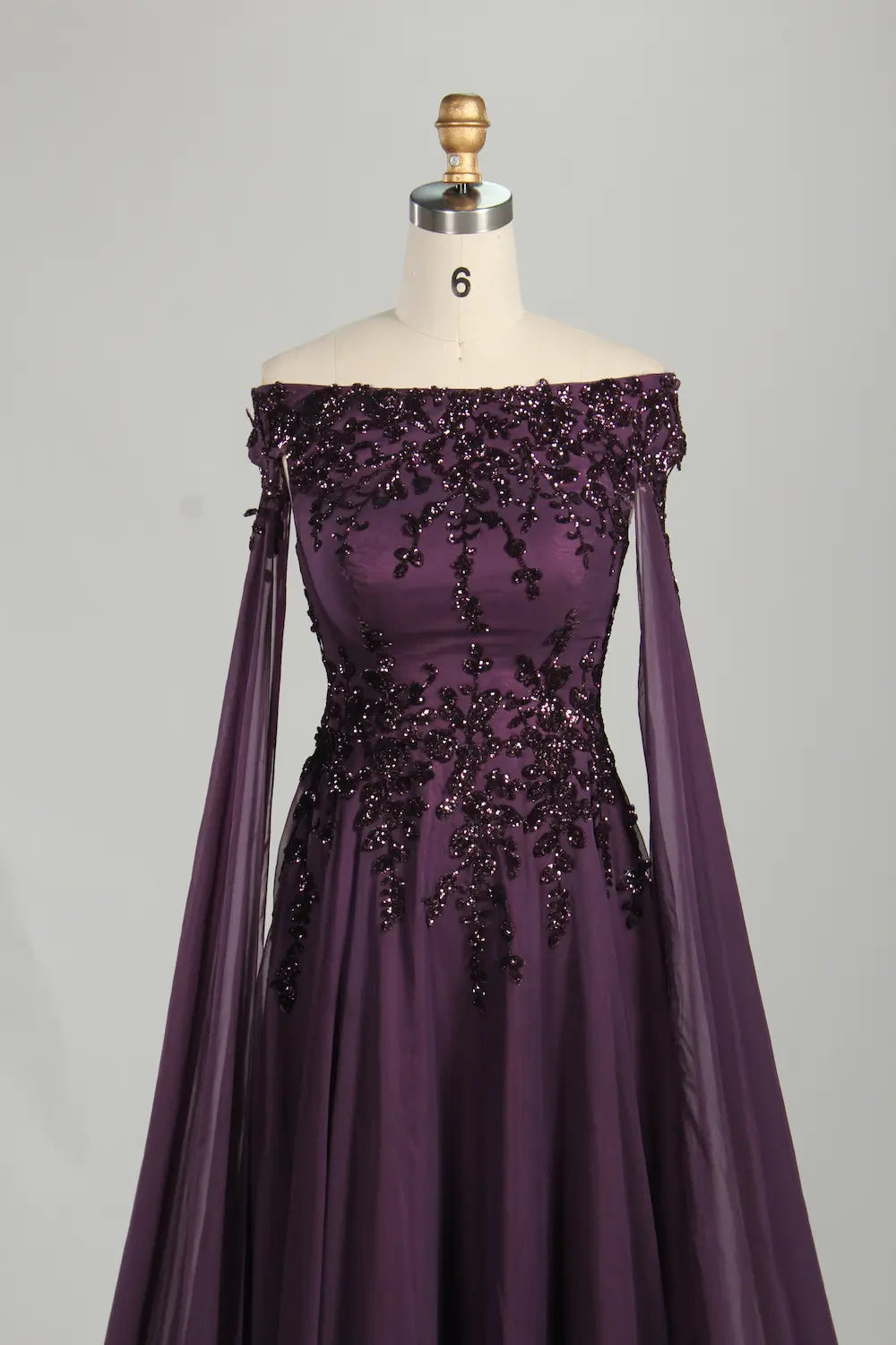 Plum Off-the-Shoulder Beaded Chiffon A-Line MOB Dress with Long Draped Sleeves KS067