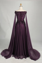 Plum Off-the-Shoulder Beaded Chiffon A-Line MOB Dress with Long Draped Sleeves KS067
