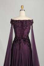Plum Off-the-Shoulder Beaded Chiffon A-Line MOB Dress with Long Draped Sleeves KS067
