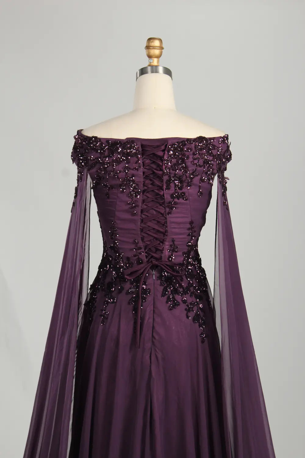 Plum Off-the-Shoulder Beaded Chiffon A-Line MOB Dress with Long Draped Sleeves KS067