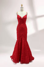 Floral Appliqué Mermaid Evening Dress with Spaghetti Straps 32589