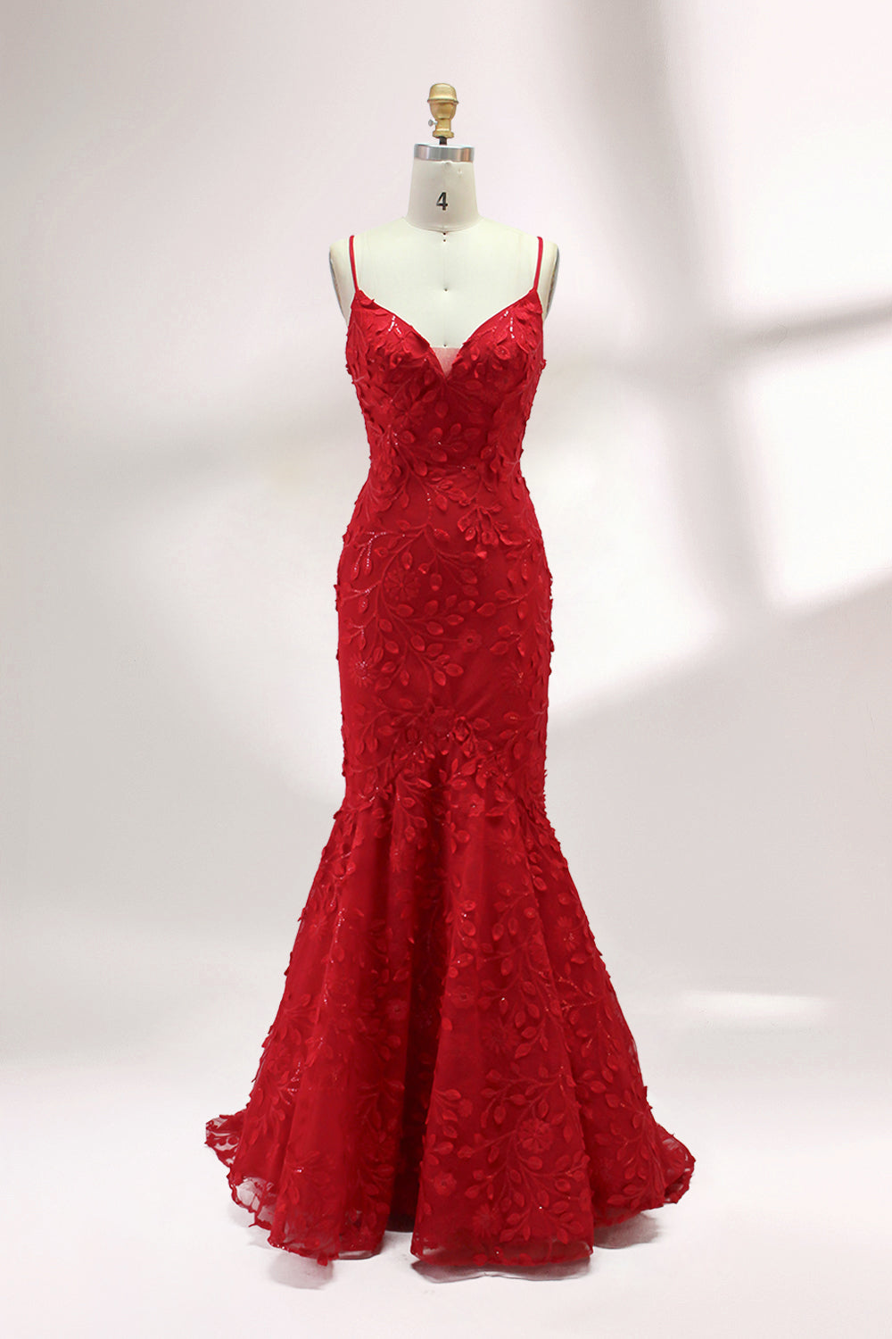 Floral Appliqué Mermaid Evening Dress with Spaghetti Straps 32589