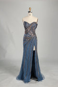 Dusty Blue Strapless Beaded and Sequin Sheath Evening Gown with High Slit KS063
