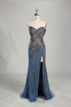 Dusty Blue Strapless Beaded and Sequin Sheath Evening Gown with High Slit KS063