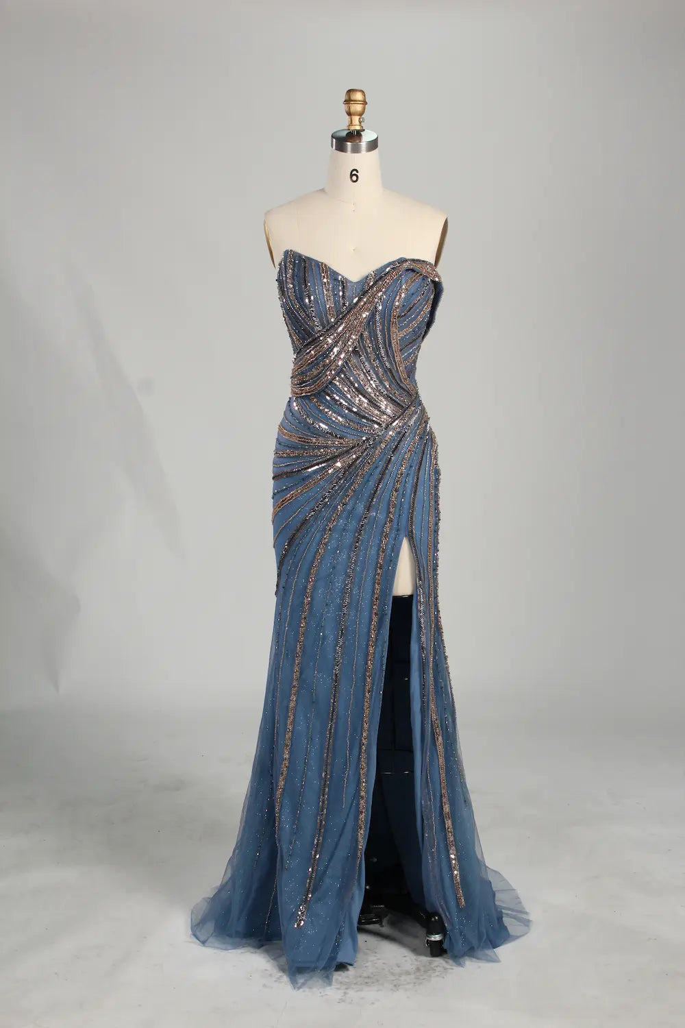 Dusty Blue Strapless Beaded and Sequin Sheath Evening Gown with High Slit KS063