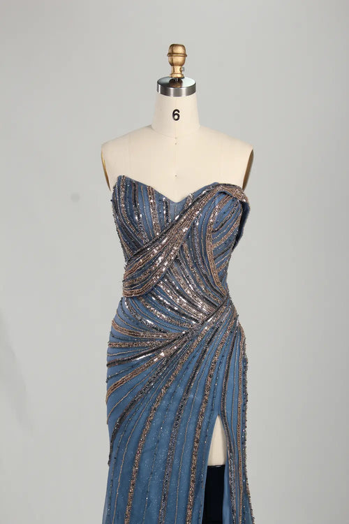 Dusty blue strapless beaded sequin sheath evening gown, wrapped sweetheart neckline
