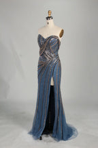 Dusty Blue Strapless Beaded and Sequin Sheath Evening Gown with High Slit KS063
