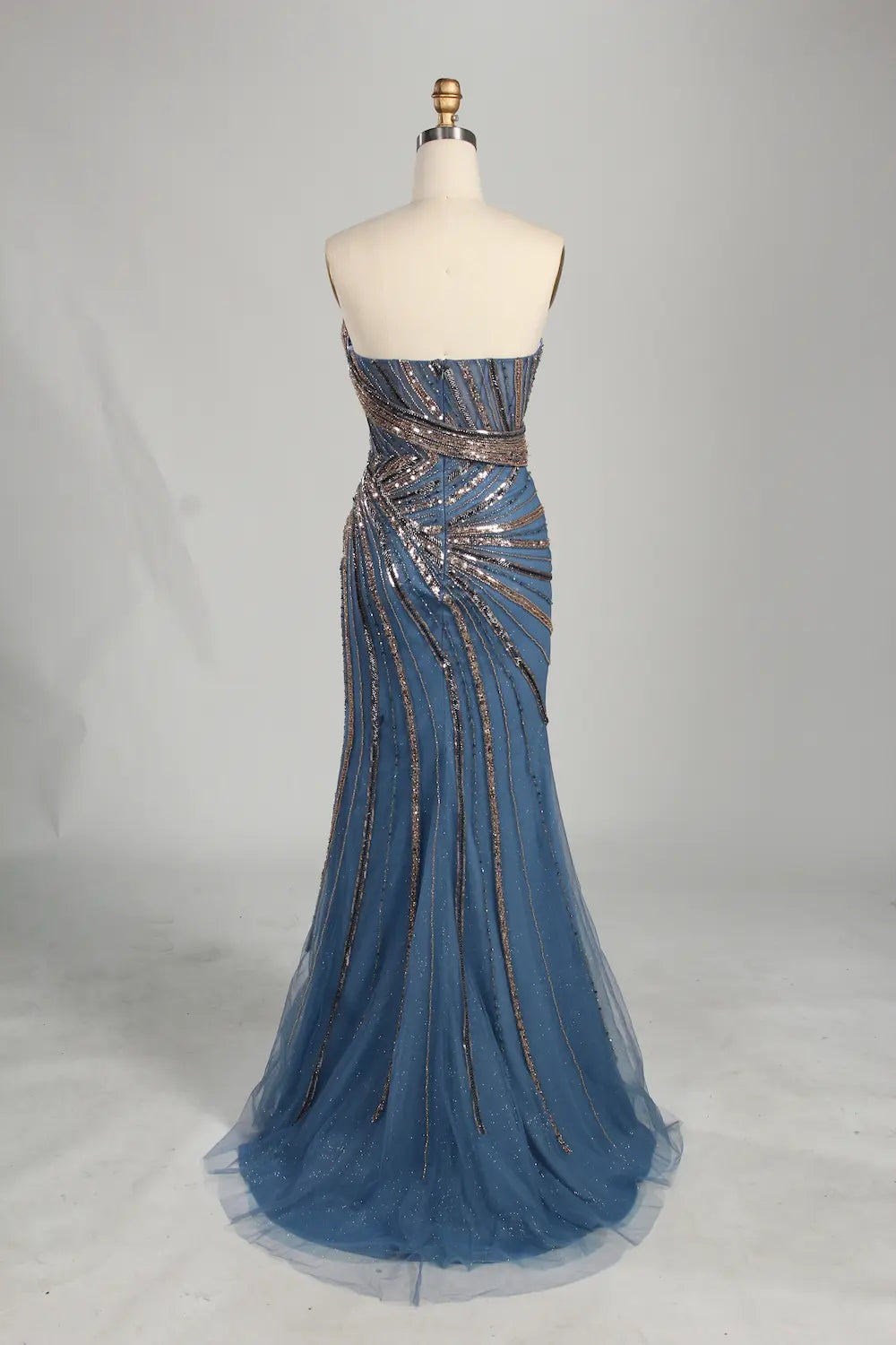 Dusty Blue Strapless Beaded and Sequin Sheath Evening Gown with High Slit KS063