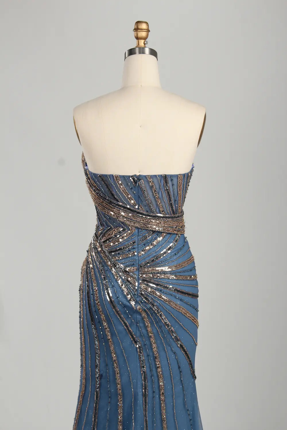 Dusty Blue Strapless Beaded and Sequin Sheath Evening Gown with High Slit KS063