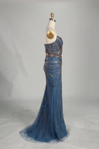 Dusty Blue Strapless Beaded and Sequin Sheath Evening Gown with High Slit KS063