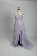 Lilac One-Shoulder Beaded Evening Dress with Side Slit and Tulle Train MK106