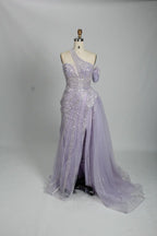 Lilac One-Shoulder Beaded Evening Dress with Side Slit and Tulle Train MK106