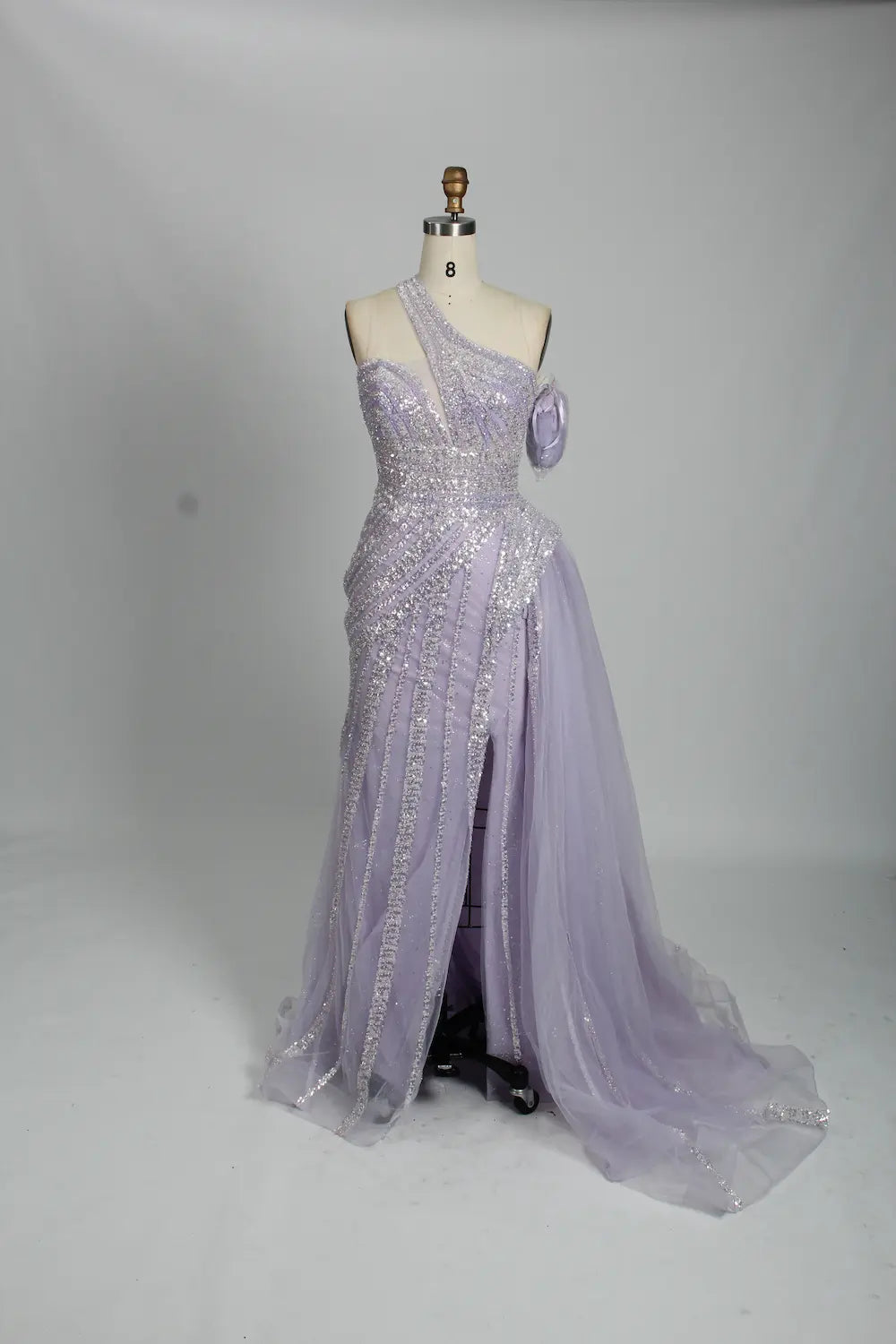 Lilac One-Shoulder Beaded Evening Dress with Side Slit and Tulle Train MK106