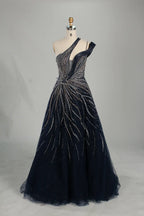 Navy Blue One-Shoulder Beaded A-Line Mother of the Bride Dress KS066