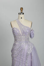 Lilac One-Shoulder Beaded Evening Dress with Side Slit and Tulle Train MK106