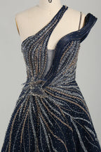 Navy Blue One-Shoulder Beaded A-Line Mother of the Bride Dress KS066