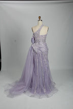 Lilac One-Shoulder Beaded Evening Dress with Side Slit and Tulle Train MK106
