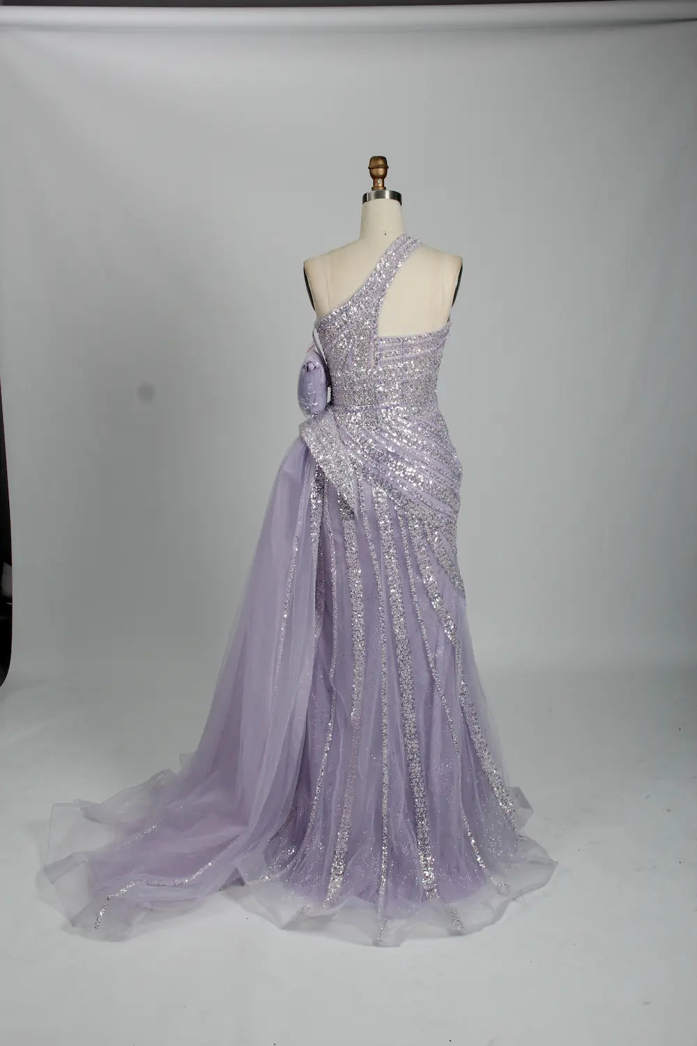 Lilac One-Shoulder Beaded Evening Dress with Side Slit and Tulle Train MK106