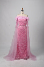 Exquisite Off-the-Shoulder Beaded Long Sleeve Green Mother of the Bride Dress KY026